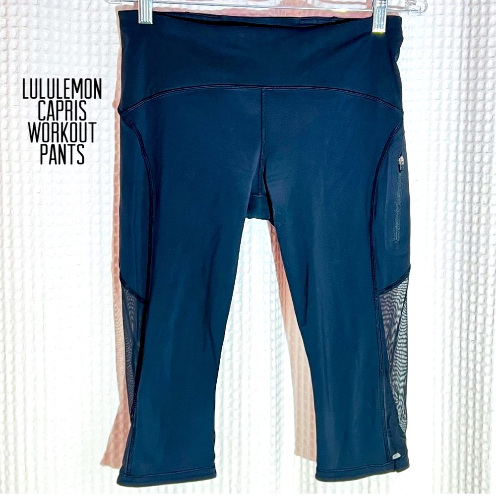 Lululemon women black workout capri pant black mesh side pull on zip pocket Sz 8